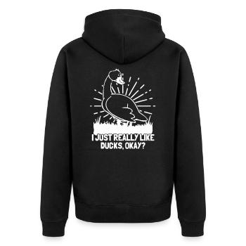 I Just Really Like Ducks Okay Lustiges Enten Shirt - Unisex Premium Bio Zip Hoodie - Schwarz - Hinten - Nico (187cm)