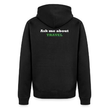 Ask me about TRAVEL - Unisex Premium Organic Zip Hoodie - black - Back - Nico (187cm)