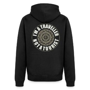 Kein Tourist, Reisender - Unisex Premium Bio Zip Hoodie - Schwarz - Hinten - Nico (187cm)