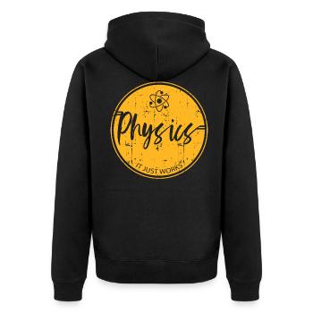 Physik - Unisex Premium Bio Zip Hoodie - Schwarz - Hinten - Nico (187cm)