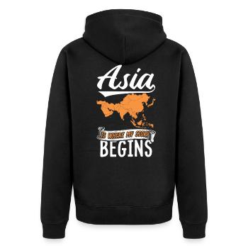 Asien meine Geschichte - Unisex Premium Bio Zip Hoodie - Schwarz - Hinten - Nico (187cm)
