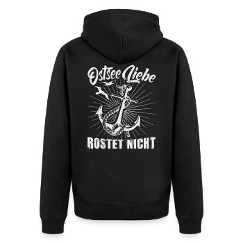 Ostseeliebe rostet nicht - Unisex Premium Bio Zip Hoodie - Schwarz - Hinten - Nico (187cm)