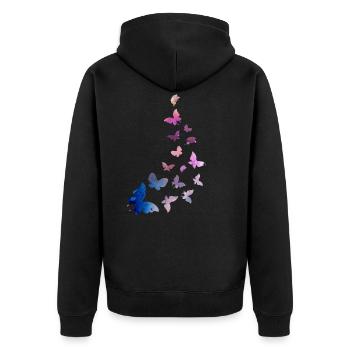 Schmetterling Schwarm Harmonie blau rosa - Unisex Premium Bio Zip Hoodie - Schwarz - Hinten - Nico (187cm)