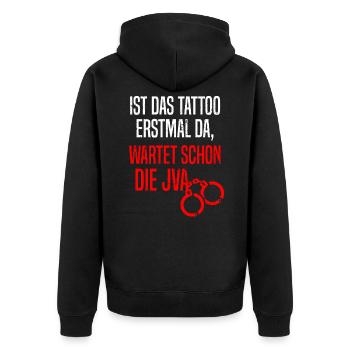Tätowiert Kriminell Tattoos JVA Knast Lustig - Unisex Premium Bio Zip Hoodie - Schwarz - Hinten - Nico (187cm)