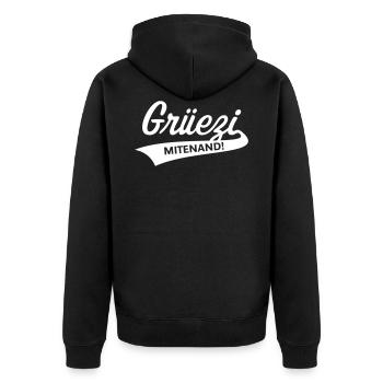 Grüezi Mitenand! (Schweiz / Schwizerdütsch) - Unisex Premium Bio Zip Hoodie - Schwarz - Hinten - Nico (187cm)