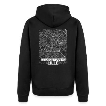Straight Outta Lille Zentrum Stadtplan und Straßen - Unisex Premium Bio Zip Hoodie - Schwarz - Hinten - Nico (187cm)