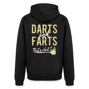 Darts & Farts Dart Furz Lustige Darter Sprüche - Unisex Premium Bio Zip Hoodie - Schwarz - Hinten - Nico (187cm)
