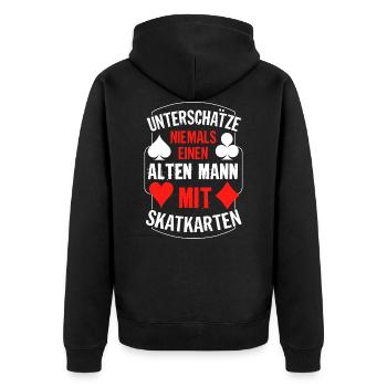 Unterschätze niemals einen alten Mann mit Skatkart - Unisex Premium Bio Zip Hoodie - Schwarz - Hinten - Nico (187cm)