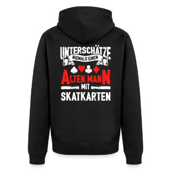 Unterschätze niemals einen alten Mann mit Skatkart - Unisex Premium Bio Zip Hoodie - Schwarz - Hinten - Nico (187cm)