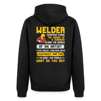 Schweißer Ich Baue Die Welt - Unisex Premium Bio Zip Hoodie - Schwarz - Hinten - Nico (187cm)