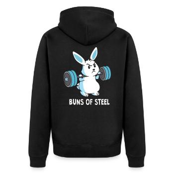buns of steel | funny white bunny | gym | training - Unisex Premium Bio Zip Hoodie - Schwarz - Hinten - Nico (187cm)