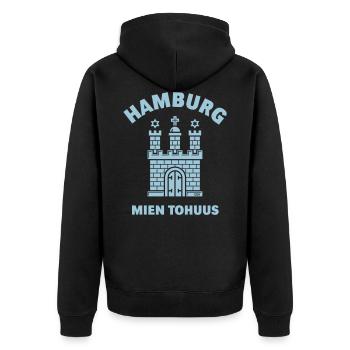 Hamburg Wappen – Mien Tohuus (Plattdeutsch) - Unisex Premium Bio Zip Hoodie - Schwarz - Hinten - Nico (187cm)