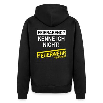 Feuerwehr Feierabend? Kenn ich nicht! Ehrenamt - Unisex Premium Bio Zip Hoodie - Schwarz - Hinten - Nico (187cm)