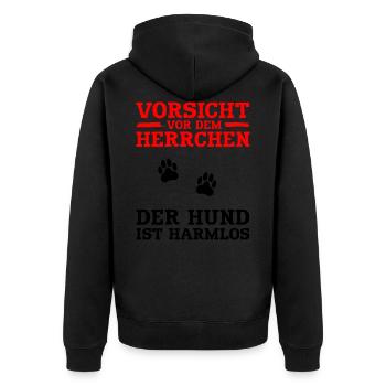 Vorsicht vor dem Herrchen - Unisex Premium Bio Zip Hoodie - Schwarz - Hinten - Nico (187cm)
