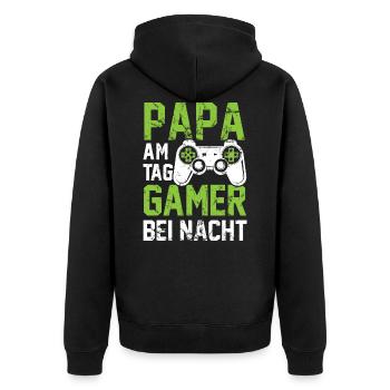 PAPA AM TAG GAMER BEI NACHT | Vater Gaming Zocker - Unisex Premium Bio Zip Hoodie - Schwarz - Hinten - Nico (187cm)