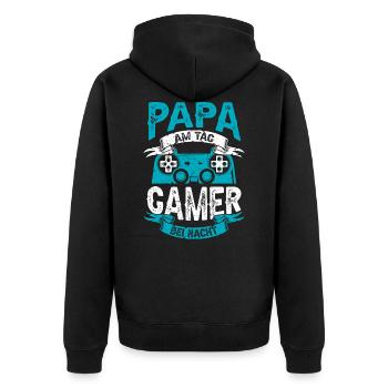 PAPA AM TAG GAMER BEI NACHT | Vater Gaming Zocker - Unisex Premium Bio Zip Hoodie - Schwarz - Hinten - Nico (187cm)