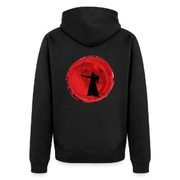 Kyudo Japan Budo Bogenkunst Samurai Ryu - Unisex Premium Bio Zip Hoodie - Schwarz - Hinten - Nico (187cm)