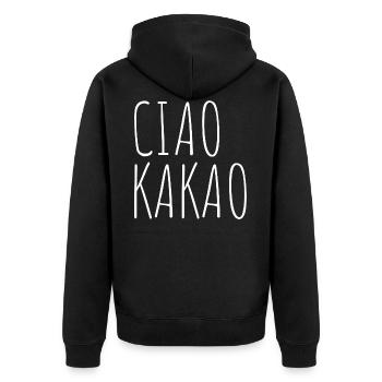 Ciao Kakao Schokolade und Tschüss - Unisex Premium Bio Zip Hoodie - Schwarz - Hinten - Nico (187cm)