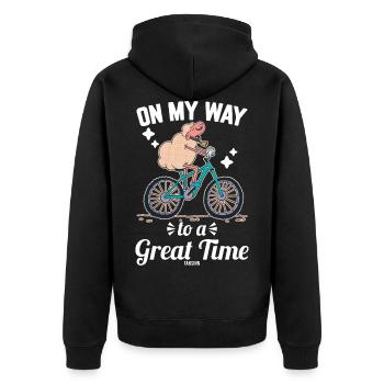 Schaf fährt mit dem Fahrrad - Unisex Premium Bio Zip Hoodie - Schwarz - Hinten - Nico (187cm)