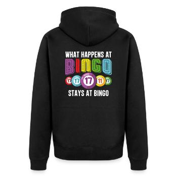 Lustig Spruch What Happens At Bingo Stays At Bingo - Unisex Premium Bio Zip Hoodie - Schwarz - Hinten - Nico (187cm)