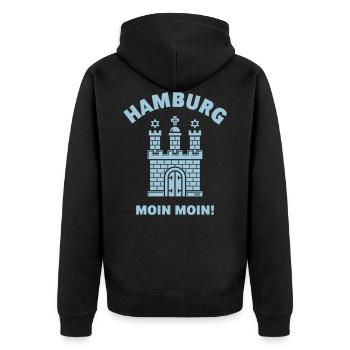 Hamburg – Moin Moin (Hamburgisch / Wappen) - Unisex Premium Bio Zip Hoodie - Schwarz - Hinten - Nico (187cm)