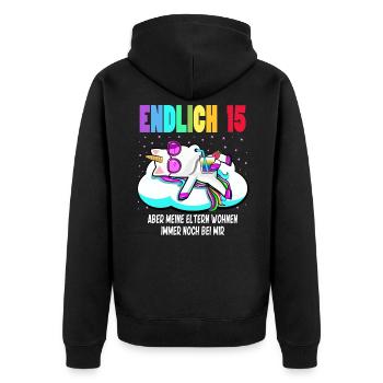 15. Geburtstag Mädchen Geschenk lustig Einhorn - Unisex Premium Bio Zip Hoodie - Schwarz - Hinten - Nico (187cm)