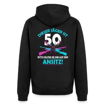 Jagdgeschenke zum 50. Geburtstag für Jäger lustig - Unisex Premium Bio Zip Hoodie - Schwarz - Hinten - Nico (187cm)