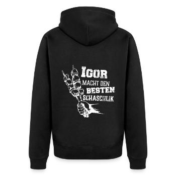 Igor macht den besten Schaschlik Grill Geschenk - Unisex Premium Bio Zip Hoodie - Schwarz - Hinten - Nico (187cm)