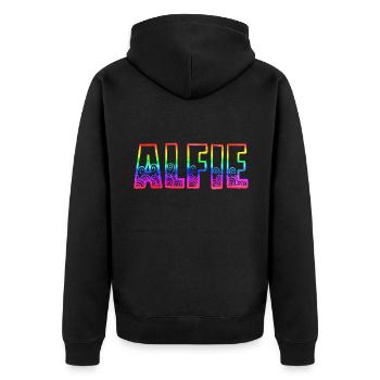 alfie rs regenbogen - Unisex Premium Bio Zip Hoodie - Schwarz - Hinten - Nico (187cm)