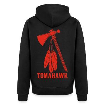 roter Tomahawk - Unisex Premium Bio Zip Hoodie - Schwarz - Hinten - Nico (187cm)