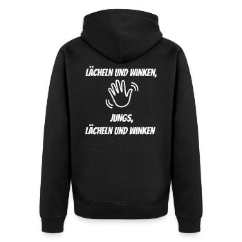 Lächeln und Winken – Jungs - Unisex Premium Bio Zip Hoodie - Schwarz - Hinten - Nico (187cm)