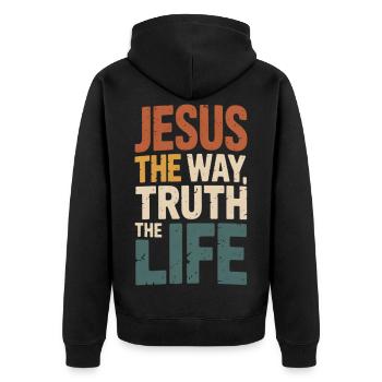Jesus Der Weg Die Wahrheit Das Leben - Unisex Premium Bio Zip Hoodie - Schwarz - Hinten - Nico (187cm)