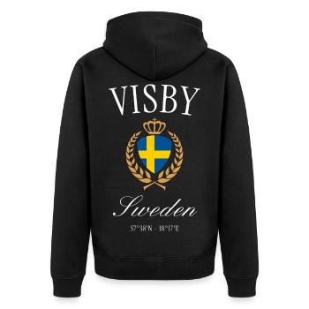 Visby Schweden Wappen Krone – Reise Souvenir - Unisex Premium Bio Zip Hoodie - Schwarz - Hinten - Nico (187cm)