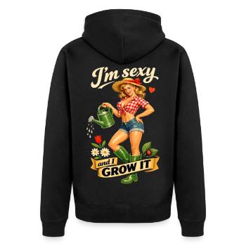 Sexy Pin-Up Gärtnerin: I'm Sexy and I Grow It - Unisex Premium Bio Zip Hoodie - Schwarz - Hinten - Nico (187cm)