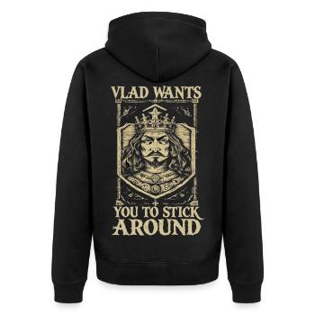 Vlad, veux-tu rester ? Graphisme du roi ? - Veste à capuche bio Premium Unisexe - noir - Dos - Nico (187cm)