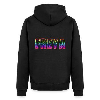 freya rs regenbogen - Unisex Premium Bio Zip Hoodie - Schwarz - Hinten - Nico (187cm)