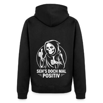 Seh's doch mal positiv Skull Reaper Daumen hoch - Unisex Premium Bio Zip Hoodie - Schwarz - Hinten - Nico (187cm)