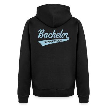Bachelor Support Team (JGA / Schriftzug) - Unisex Premium Bio Zip Hoodie - Schwarz - Hinten - Nico (187cm)