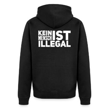 Kein Mensch ist illegal - Menschenrechte - Unisex Premium Bio Zip Hoodie - Schwarz - Hinten - Nico (187cm)