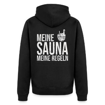 Sauna Meine Regeln Aufguss - Unisex Premium Bio Zip Hoodie - Schwarz - Hinten - Nico (187cm)