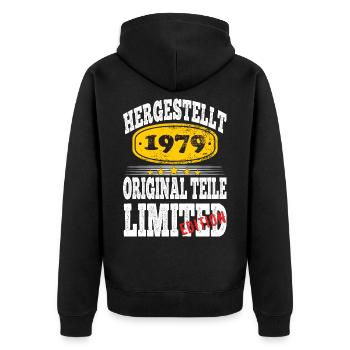 Hergestellt 1979 - Unisex Premium Bio Zip Hoodie - Schwarz - Hinten - Nico (187cm)