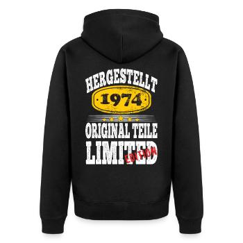 Hergestellt 1974 - Unisex Premium Bio Zip Hoodie - Schwarz - Hinten - Nico (187cm)