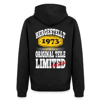 Hergestellt 1973 - Unisex Premium Bio Zip Hoodie - Schwarz - Hinten - Nico (187cm)
