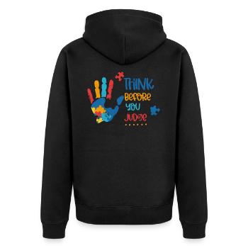 NACH DENKEN VOR URTEILEN HAND PUZZLE MOTIVE SPRUCH - Unisex Premium Bio Zip Hoodie - Schwarz - Hinten - Nico (187cm)