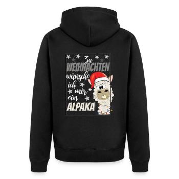 Zu Weihnachten wünsche ich mir ein Alpaka - Unisex Premium Bio Zip Hoodie - Schwarz - Hinten - Nico (187cm)