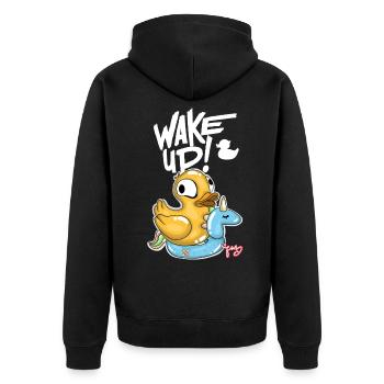 Ente aufwecken - Unisex Premium Bio Zip Hoodie - Schwarz - Hinten - Nico (187cm)
