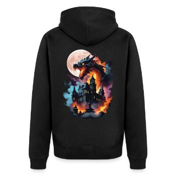 DRAGON MIDNIGHT BLAZE: STADT IN FLAMMEN, MONDCHAOS - Unisex Premium Bio Zip Hoodie - Schwarz - Hinten - Nico (187cm)