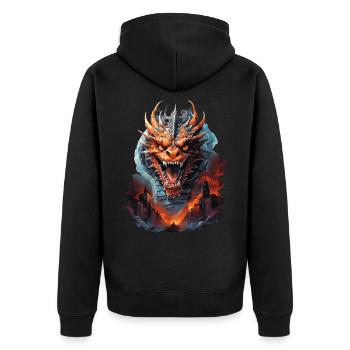 DRAGON MIDNIGHT BLAZE: STADT IN FLAMMEN UND VERWÜSTUNG - Unisex Premium Bio Zip Hoodie - Schwarz - Hinten - Nico (187cm)