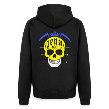 Jenaer Sensenmann Totenkopf - Unisex Premium Bio Zip Hoodie - Schwarz - Hinten - Nico (187cm)