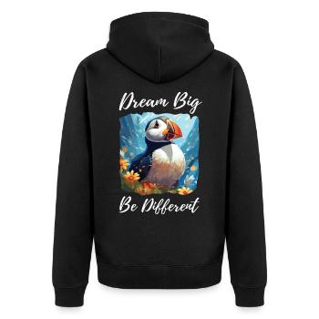 Papageientaucher Dream Big Be Different - Unisex Premium Bio Zip Hoodie - Schwarz - Hinten - Nico (187cm)